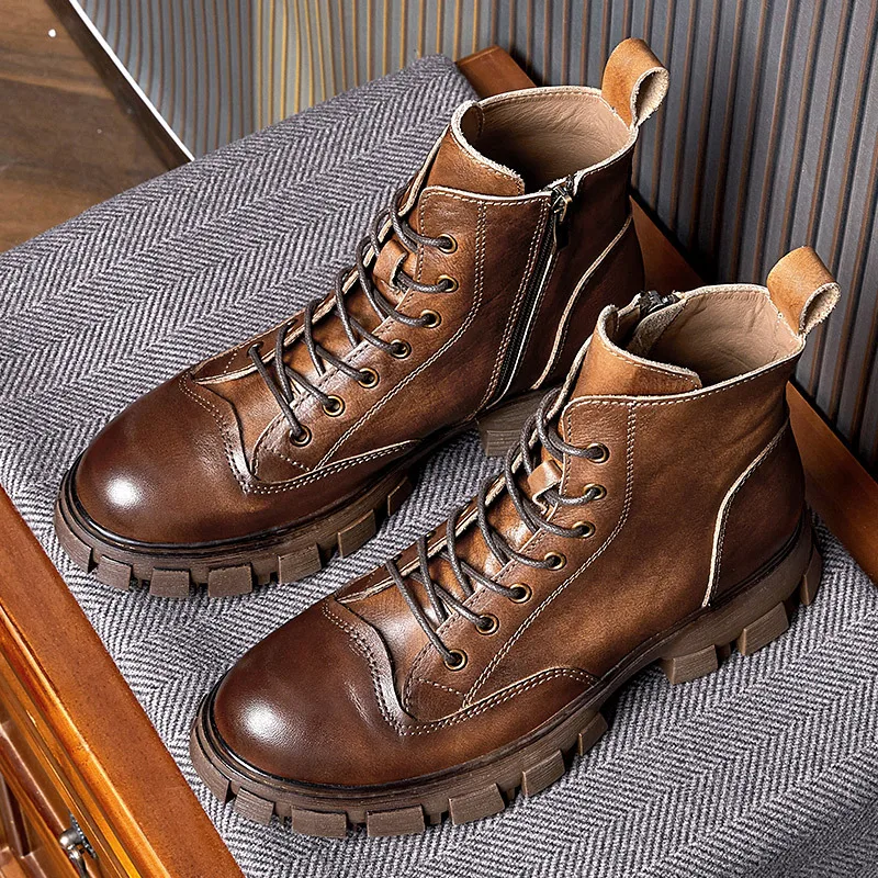 Мужские Лаконичные Ботильоны из натуральной кожи на шнуровке Европейского размера, Короткие ботинки в стиле Ретро на толстой подошве, с высоким Берцем, на Молнии, Универсальная обувь, Зимняя Мужская