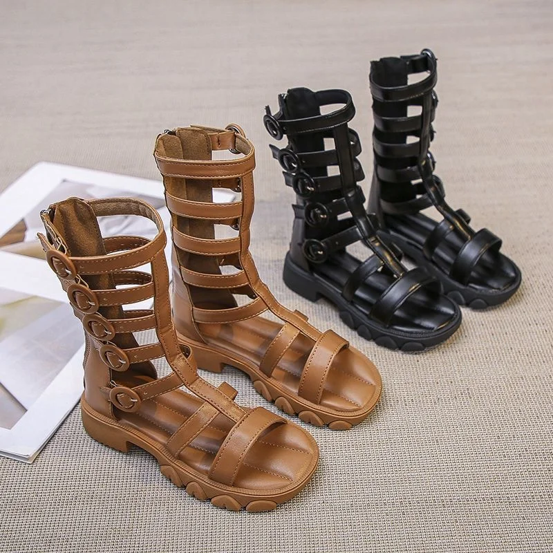Летние Однотонные детские сандалии-гладиаторы из искусственной кожи с пряжкой и молнией, Высокие Сандалии для девочек, мягкая Противоскользящая обувь, детская модная обувь